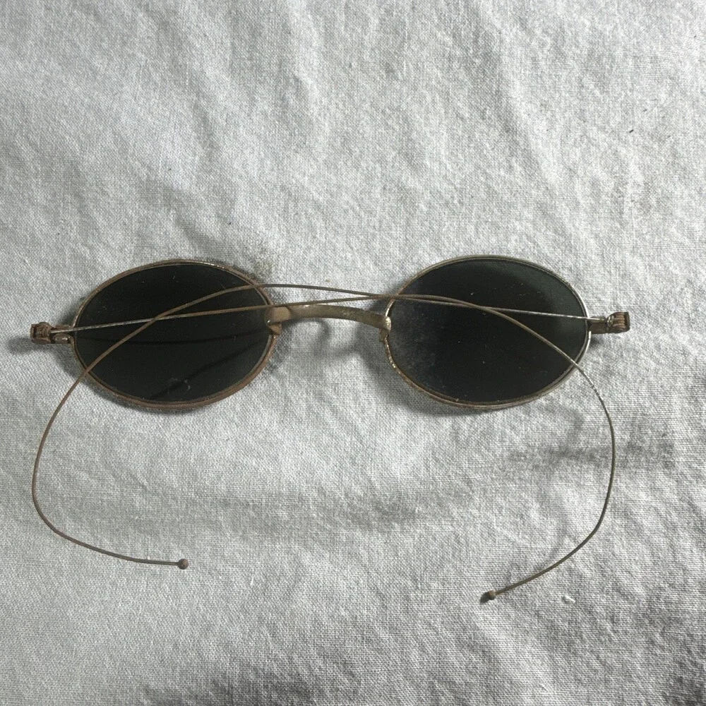 Antique Victorian Wire Rim Sunglasses Coiled Cable Temples Oval Lens Case As-Is